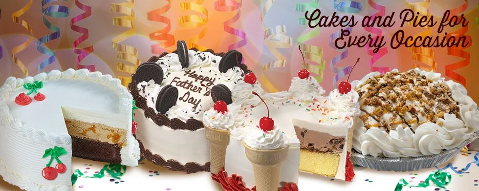 Bruster’s ice cream cake with a cake cone on top, alongside cakes and pies for celebrations