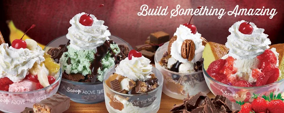 A colorful variety of Bruster’s handcrafted ice cream sundaes